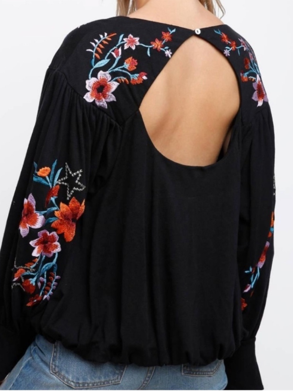 Free People Lita Top Size Small NWT Black Embroidered Cutout Boho Balloon Sleeve - Picture 3 of 9
